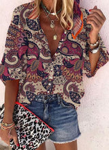 Loose-fit Button-up Retro Print Casual Shirt