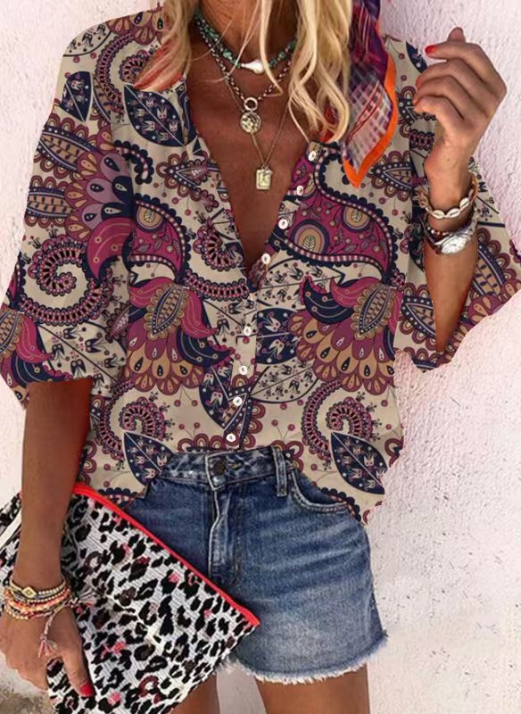Loose-fit Button-up Retro Print Casual Shirt