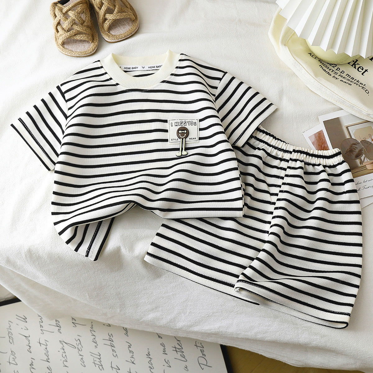 Children's Short-sleeve Set Black And White Striped Boys' T-shirt