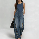 High-waisted Loose-fit Cutout Metal-detail Denim Jumpsuit