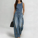 High-waisted Loose-fit Cutout Metal-detail Denim Jumpsuit