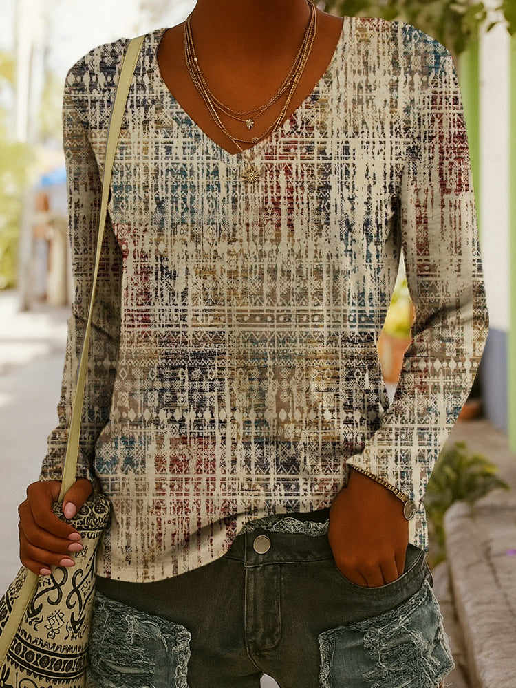 Fashionable Ethnic-Style Printed V-Neck Long-Sleeve T-Shirt