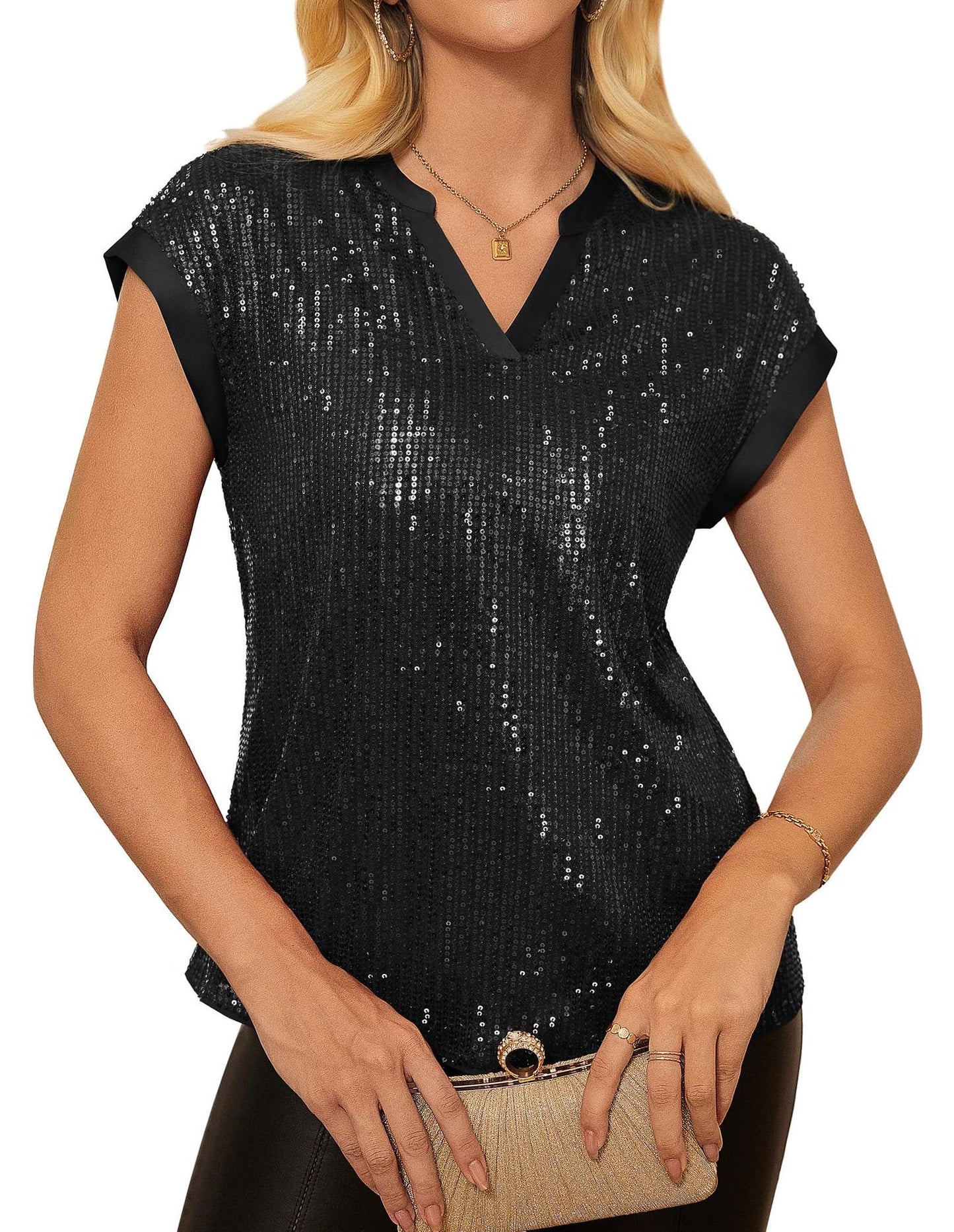 Womens Sequin V-Neck Short-Sleeve Party Top Shirt