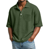 Men's Waffle-Weave Solid Color Short-Sleeve Lapel Polo Shirt