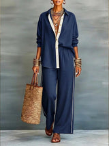 Contrast-color Casual Solid-color Loose Pants Two-piece Set