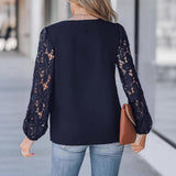New Womens V-Neck Wave-Pattern Floral Lace Long-Sleeve Shirt