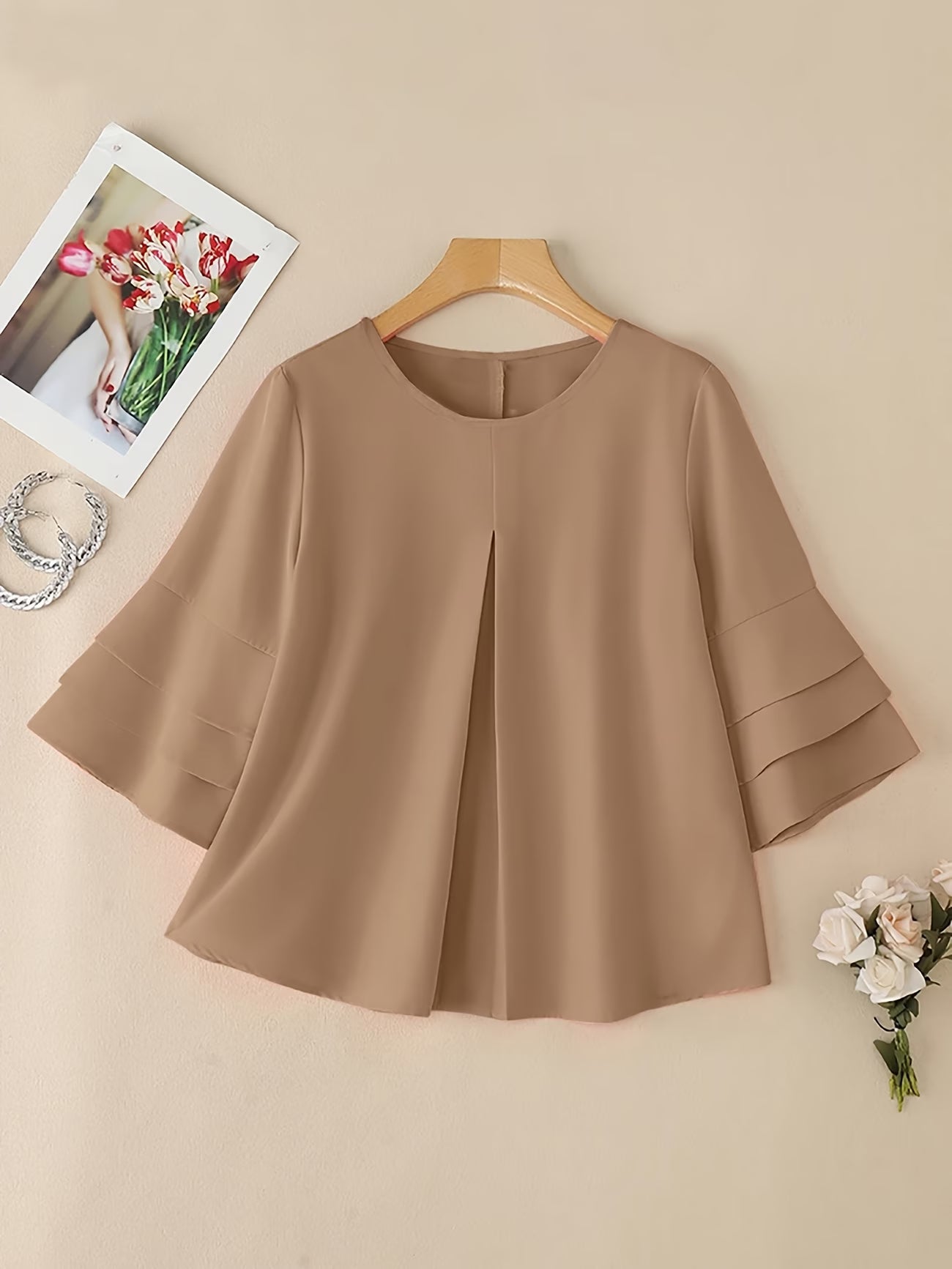 Solid Color Round Neck Blouse