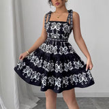 New Stylish Retro Minimalist Burnt-Flower Lace-Up Strap Black Short Dress