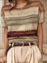Retro Short-Sleeve Sweater Contrast-Color Jacquard Knit Top