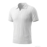 Men's Green Vertical Rib Knit Polo Shirt, Johnny Collar Short Sleeve Casual Top
