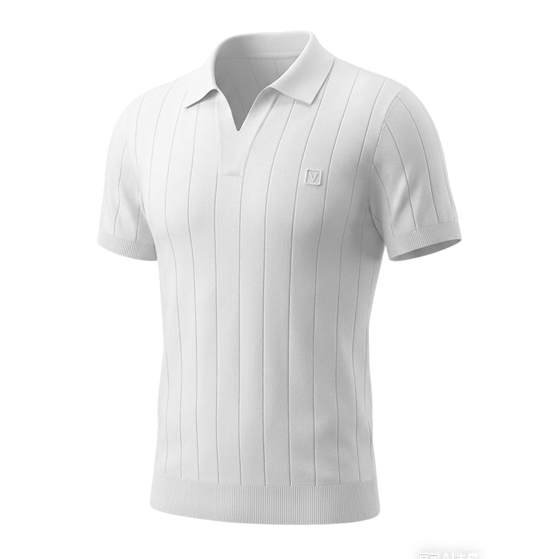 Men's Green Vertical Rib Knit Polo Shirt, Johnny Collar Short Sleeve Casual Top