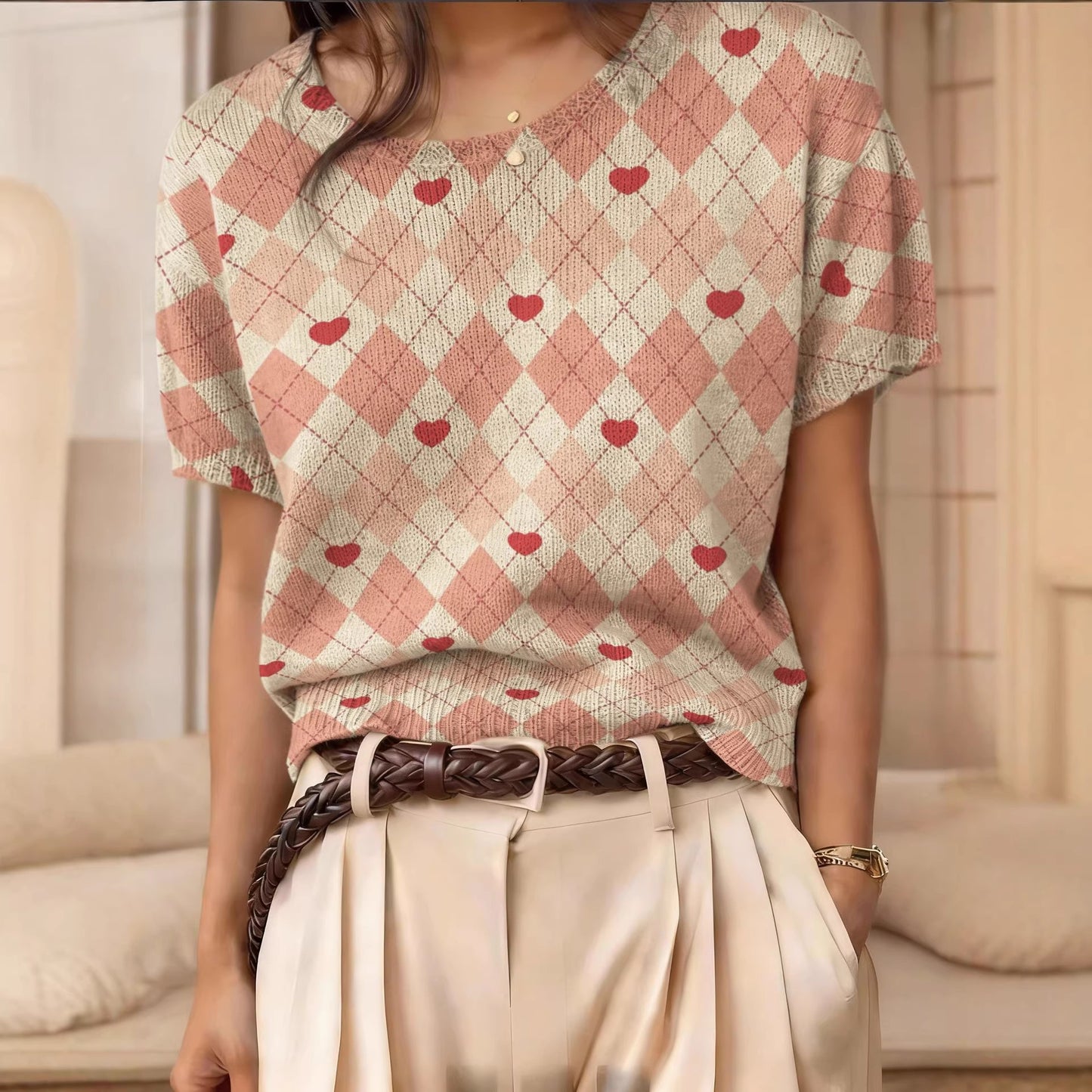 Retro Short-Sleeve Sweater Contrast-Color Jacquard Knit Top