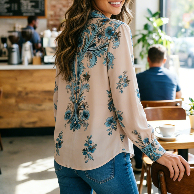 Amazon Cross-Border European Women's Shirt Printed Casual Long Sleeve
