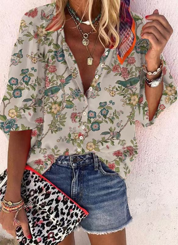 Loose-fit Button-up Retro Print Casual Shirt