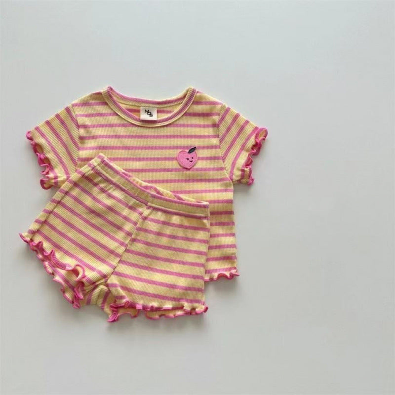 Children's Pajamas Short-sleeved Pants Thin Ice Silk Stripes