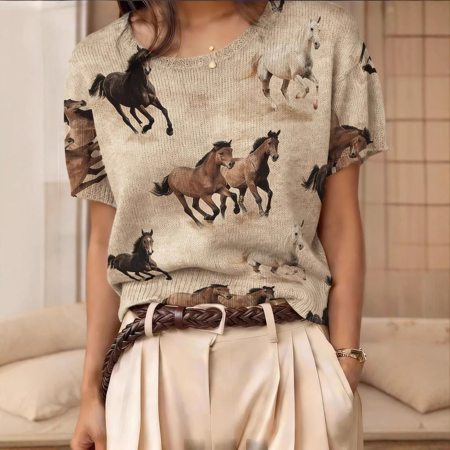 Retro Short-Sleeve Sweater Contrast-Color Jacquard Knit Top