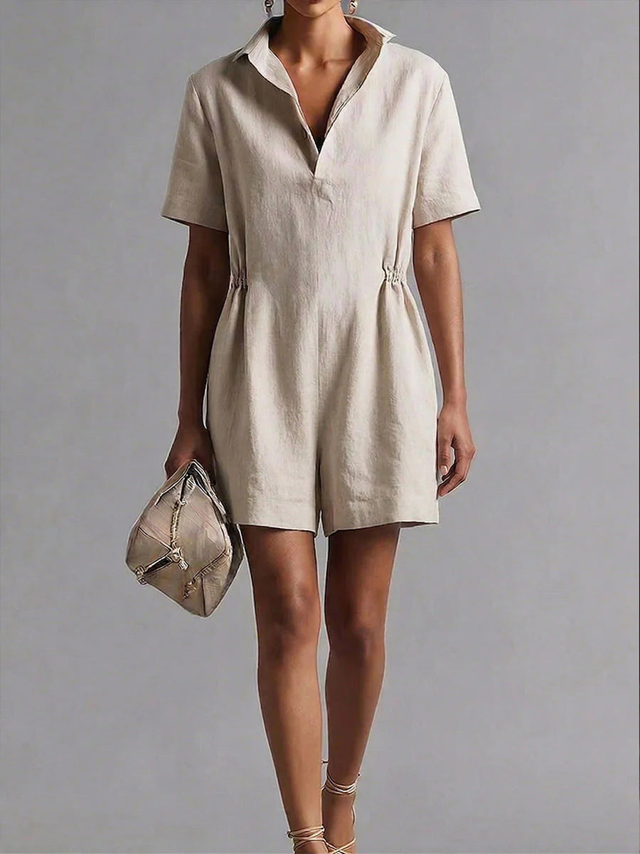 Womens Casual Long-Sleeve Lapel-Neck Split Jumpsuit