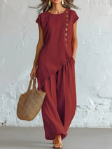 Womens Solid-Color Crew-Neck Buttoned Short-Sleeve Wide-Leg Pants Set