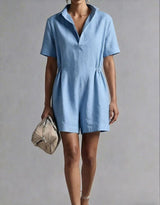 Womens Casual Long-Sleeve Lapel-Neck Split Jumpsuit