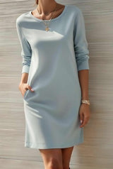 New Solid-Color Crew-Neck Long-Sleeve Loose Casual Pocket Dress