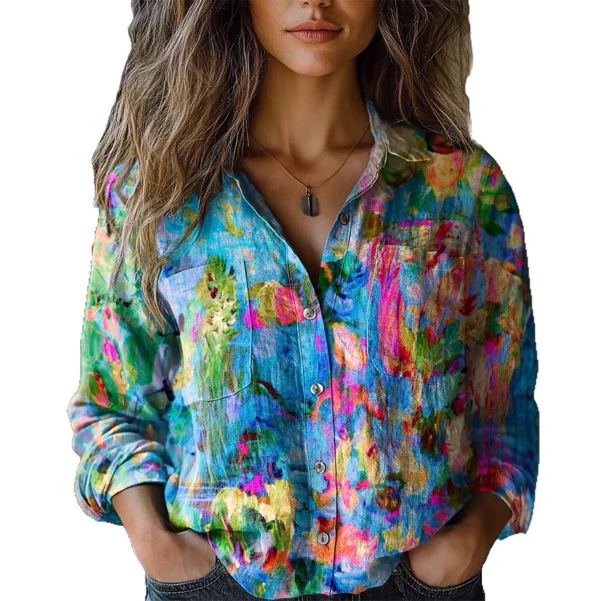 Women's Fashion Plus-size Lapel Long-sleeve Shirt Top