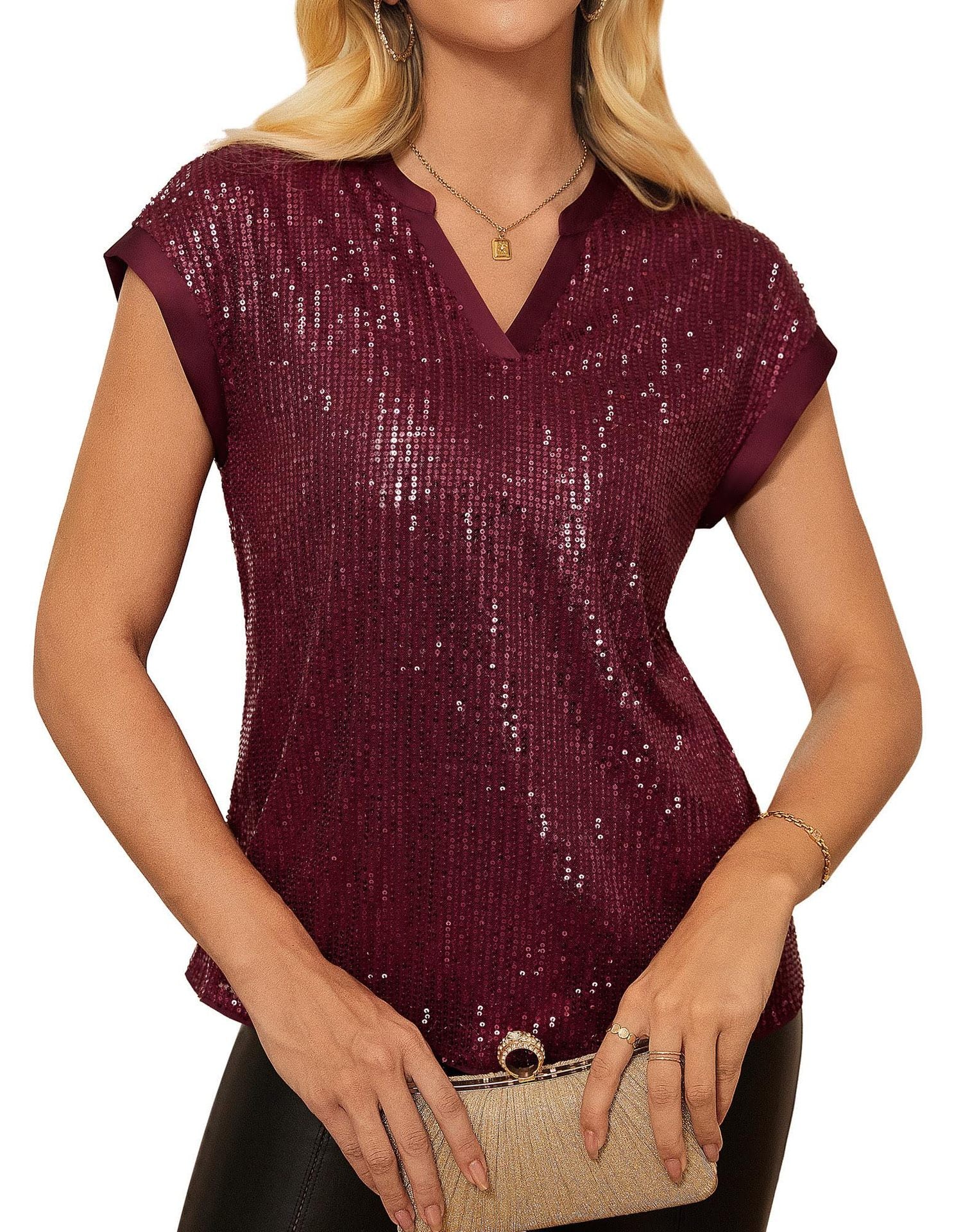 Womens Sequin V-Neck Short-Sleeve Party Top Shirt