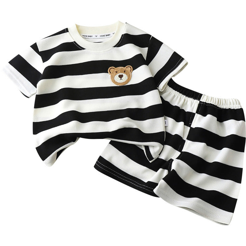 Children's Short-sleeve Set Black And White Striped Boys' T-shirt