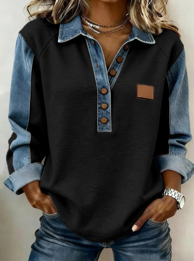 European And American Style Knitted Lapel Long-Sleeve Shirt For Women
