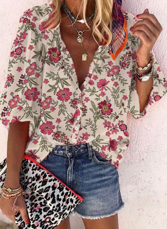 Loose-fit Button-up Retro Print Casual Shirt