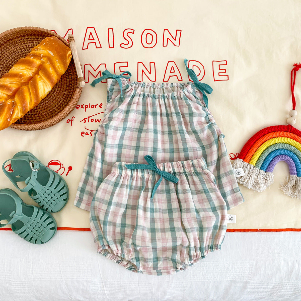 Infant Color Matching Thin Plaid Vest Shorts Set