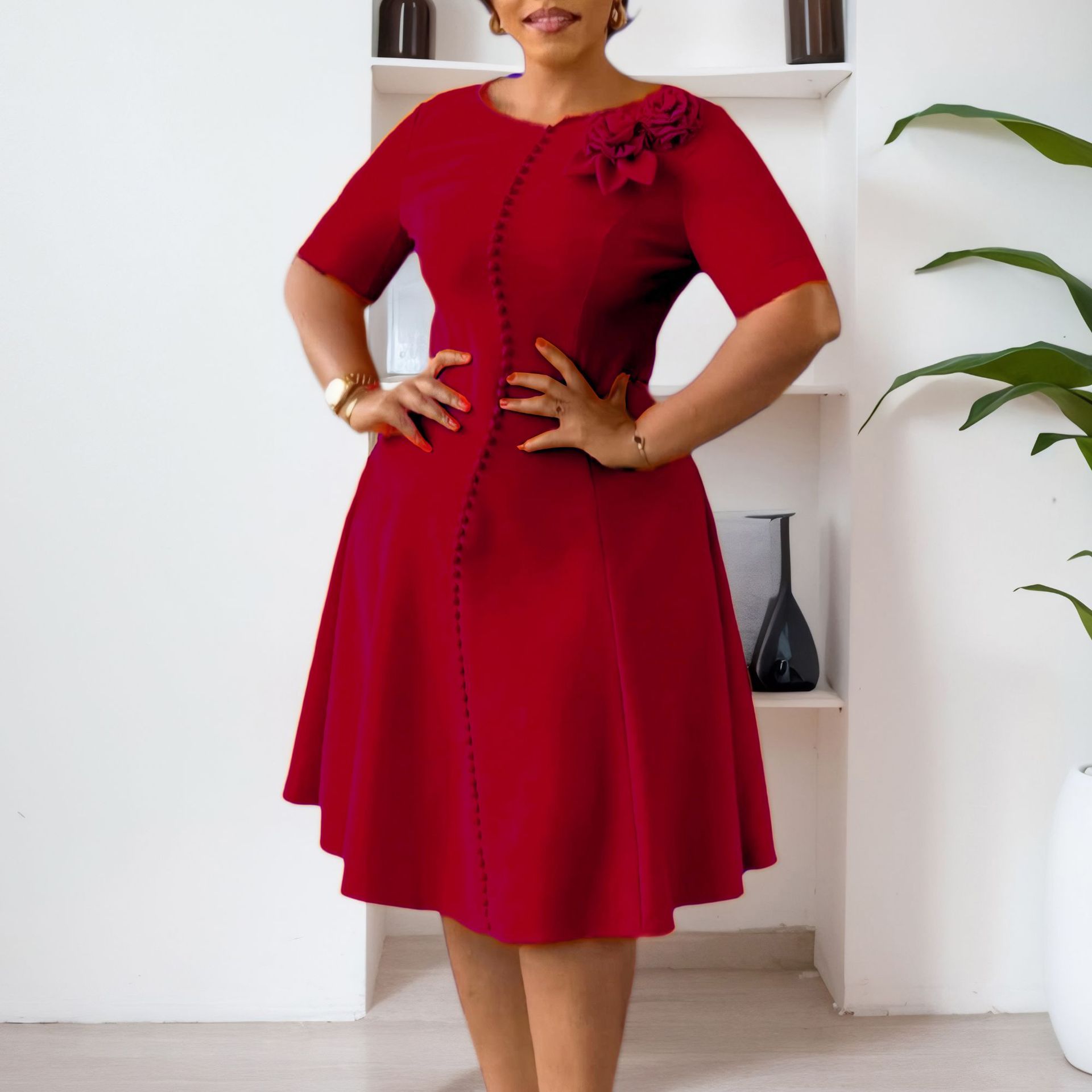 Women's Solid-Color Crew-Neck Elegant Dress