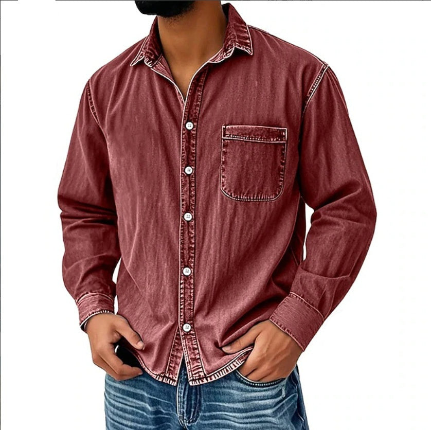 Mens Denim Long-sleeve Shirt Washed Long-sleeve Top