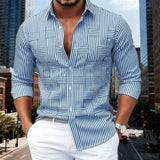 Men's Fashion Blue And White Striped Long-Sleeve Shirt