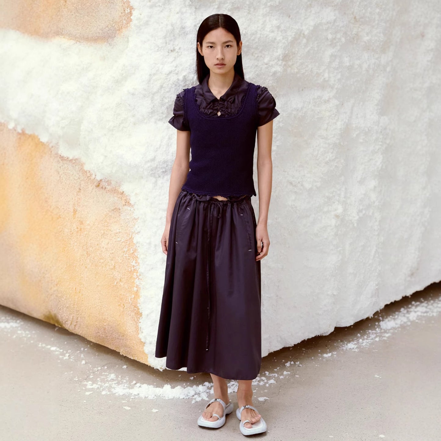 Ruffled Slim-fit Pleated Short-sleeve Top With Drawstring A-line Skirt