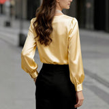 Women's Elegant Solid Color V-neck Long Sleeved Pleated Top With Temperament For Commuting And Loose Fitting Shirt
