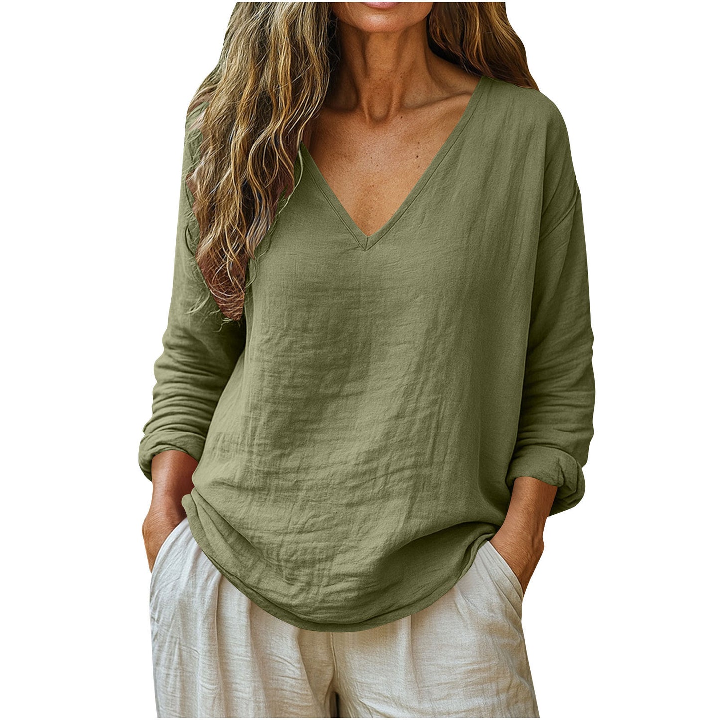 Fashionable Cotton-Linen Long-Sleeve V-Neck Top
