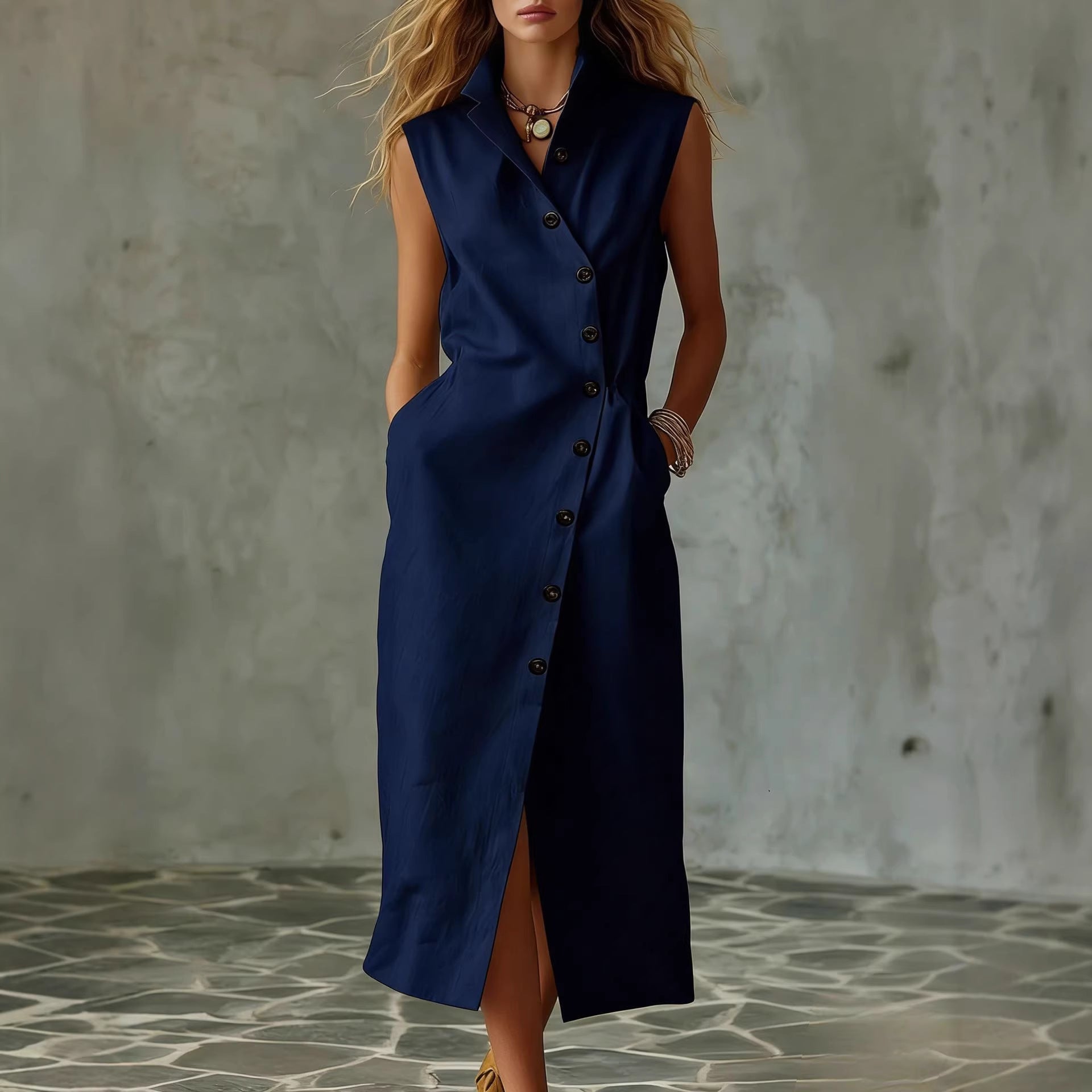 Slim-fit Elegant Single-breasted Dress With A Stand-up Collar For Women