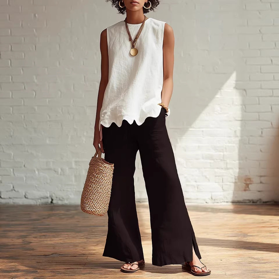 Crew-neck Sleeveless Shirt With A Wave Hem