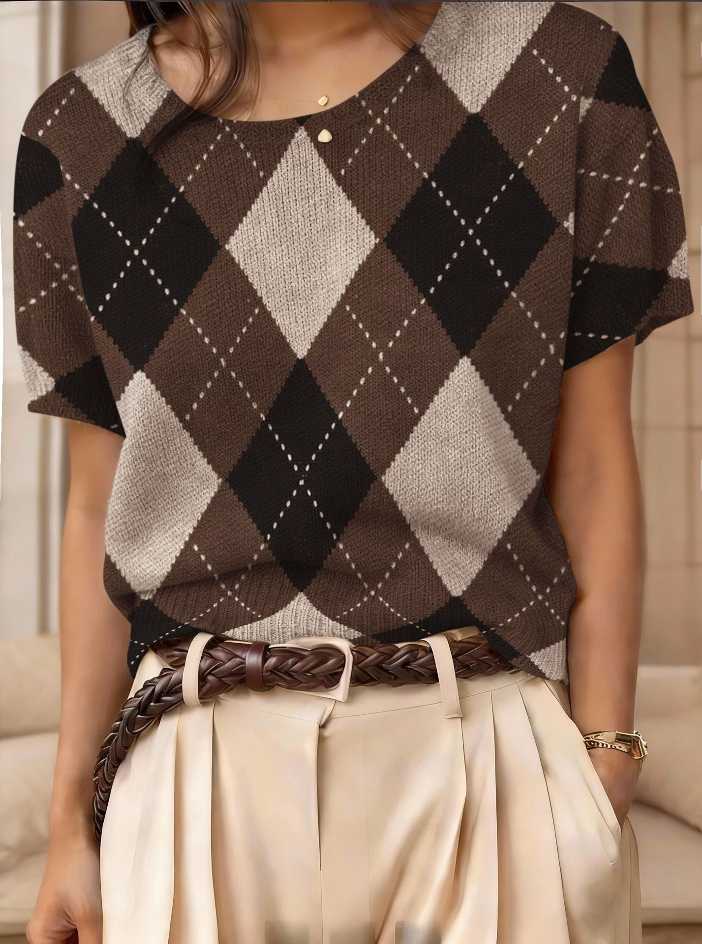 Retro Short-Sleeve Sweater Contrast-Color Jacquard Knit Top