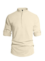 Men's Solid Color Stand Collar Long Sleeve Cotton-Linen Shirt