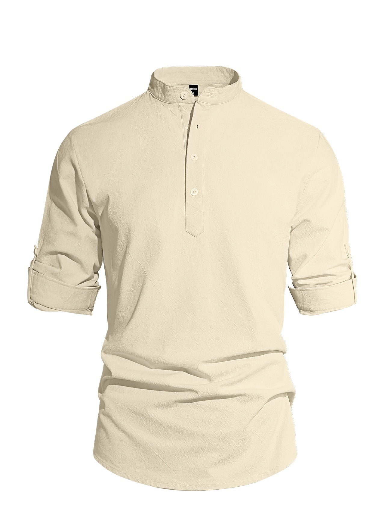 Men's Solid Color Stand Collar Long Sleeve Cotton-Linen Shirt