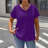 Pleated Fabric Solid-color Faux-button Doll-collar Top T-shirt