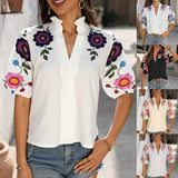 Pure Cotton V-neck Set-in-sleeve Turtleneck Top With Print And Solid Color