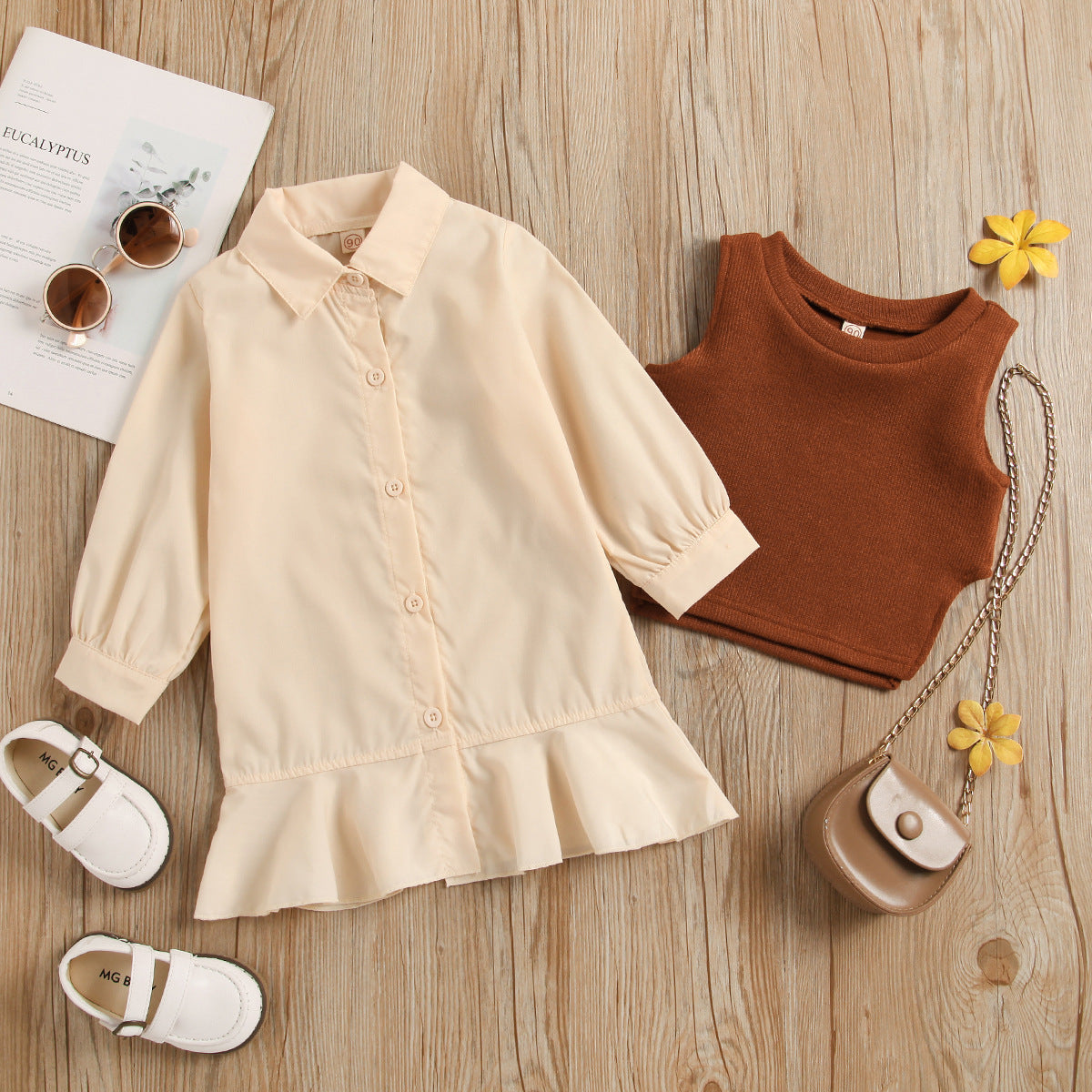 Lapel Long-sleeved Ruffled Princess Dress Knitted Vest And Two-piece Vest