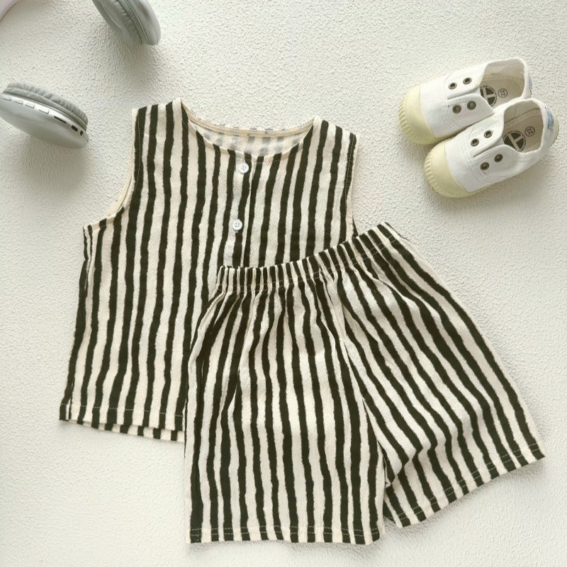 Korean-style Childrens Cotton-linen Thin Two-piece Set