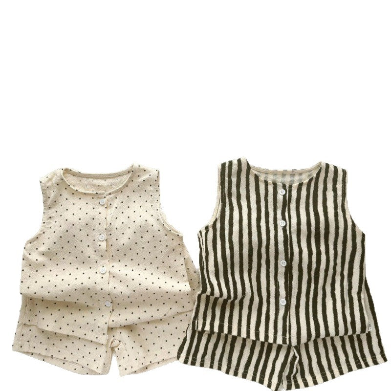 Korean-style Childrens Cotton-linen Thin Two-piece Set