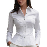 Womens Solid-Colored Slim-Fit Long-Sleeve Stand-Neckline Waist-Cinched Shirt