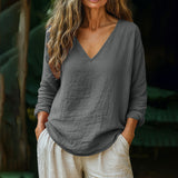 Fashionable Cotton-Linen Long-Sleeve V-Neck Top