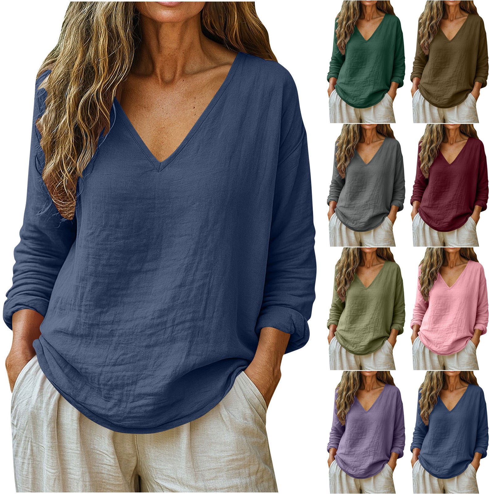 Fashionable Cotton-Linen Long-Sleeve V-Neck Top