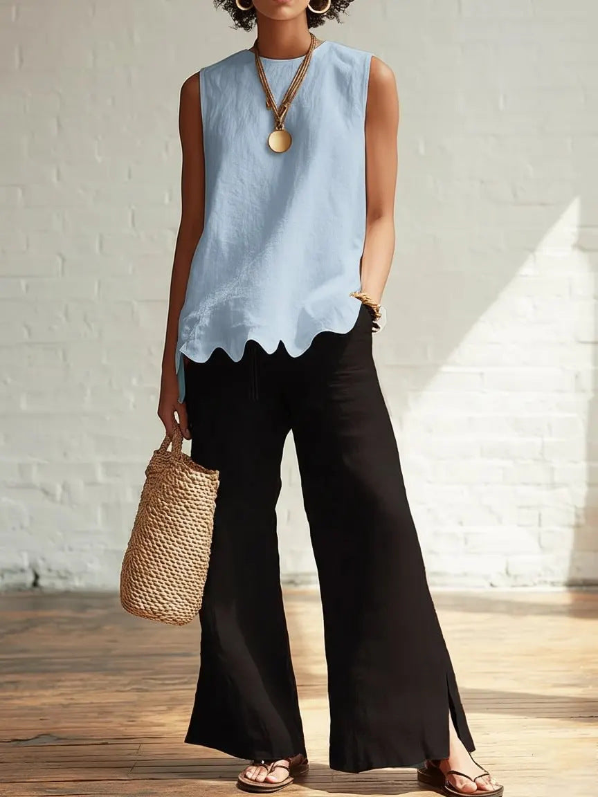 Crew-neck Sleeveless Shirt With A Wave Hem